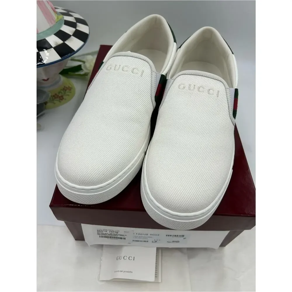 Men's Gucci white canvas ace slip on sneakers size 11.5 fits 12 US made Italy